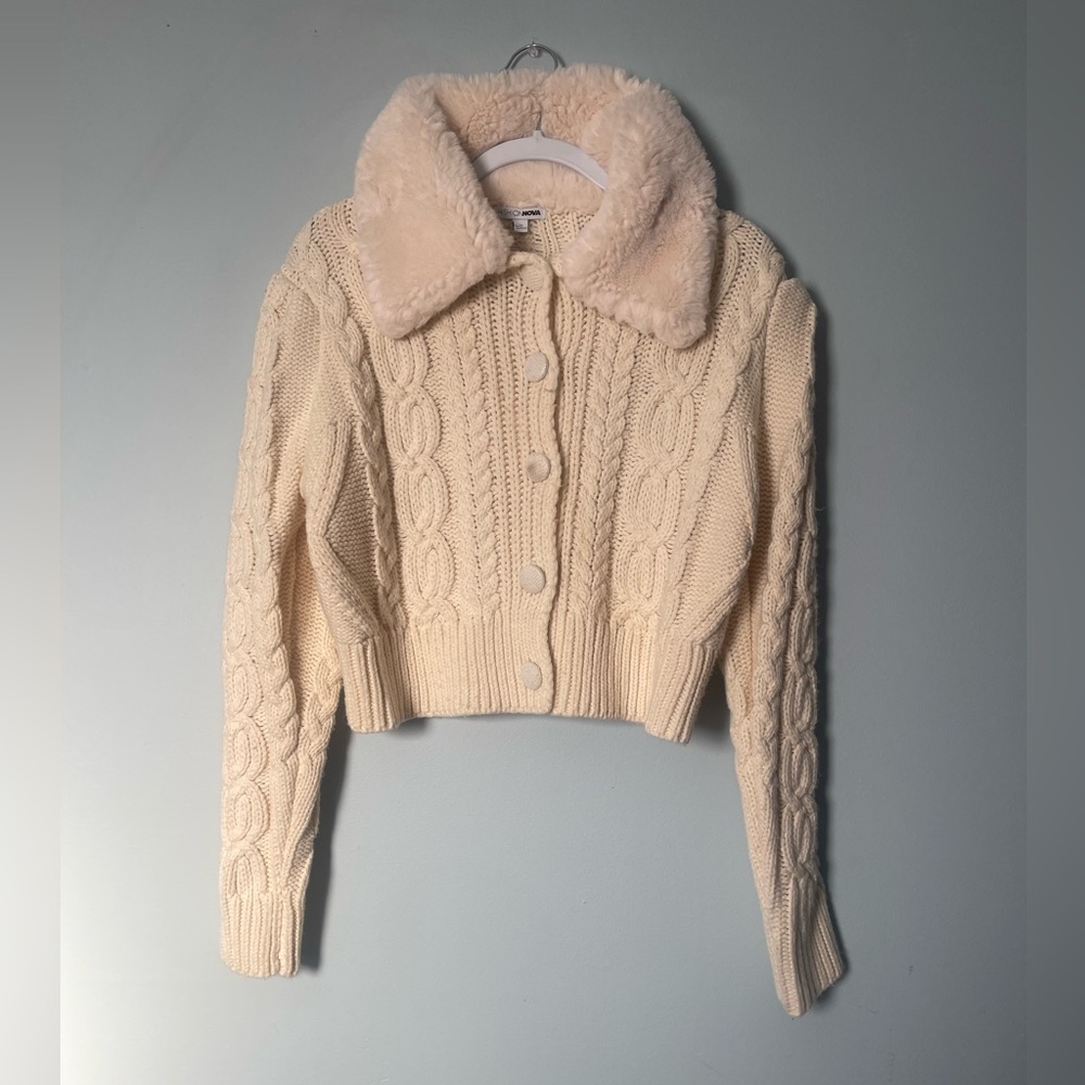 Cream Cable Knit Crop Cardigan with Faux Fur Collar